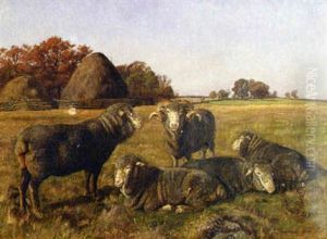 Sheep In A Pasture With Haystacks In The Background by Gaylord Sangston Truesdell