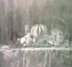 A Still Life With A Bottle Of Wine, A Melon, Grapes And Peaches On A Table by Auguste Joseph Trupheme