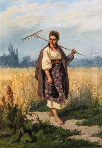 Peasant Girl In Ukrainian Costume With Flowered Hair In Summer Landscape