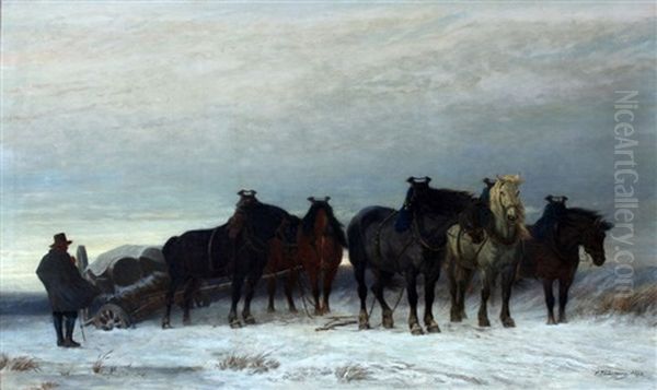 Paarden Met Wagen In De Sneeuw - view 1