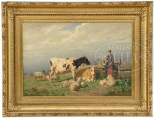 Milkmaid Entering A Field With Cows And Sheep by Edmond Jean Baptiste Tschaggeny
