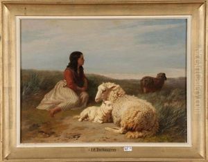 Bergere Et Son Troupeau Dans Les Dunes by Edmond Jean Baptiste Tschaggeny