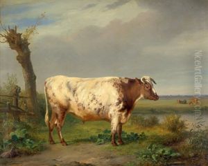 Polderlandschaft Mit Braun-weis Geflecktem Stier by Edmond Jean Baptiste Tschaggeny