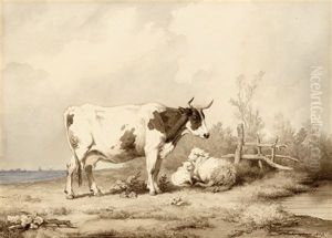 Polderlandschaft Mit Stier by Edmond Jean Baptiste Tschaggeny