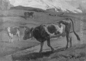 Gebirgslandschaft Mit Kuhen Auf Der Alp by Rudolf Tschan