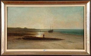Plage De La Panne Animee A Maree Basse by Theodore Antoine Tscharner