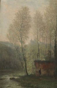 Scene Romantique Pres D'une Riviere Avec Un Chateau A L'arriere-plan by Theodore Antoine Tscharner