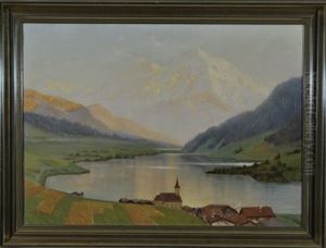 Kleines Dorf Am Bergsee Vor Einer Massiven Hochgebirgskette