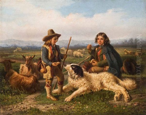 Zwei Hirtenknaben, Mit Ziegen, Schafen Und Einem Grosen Hirtenhund - view 1