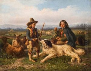 Zwei Hirtenknaben, Mit Ziegen, Schafen Und Einem Grosen Hirtenhund by Herbert Bolivar Tschudy