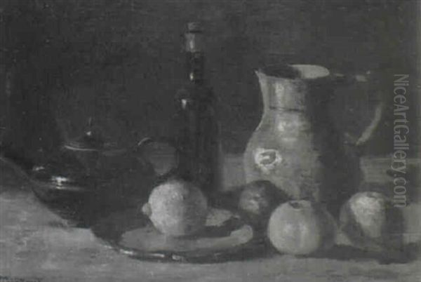 Fruchtestilleben Mit Weinflasche, Krug Und Teekanne - view 1