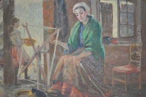 Woman Spinning Yarn - Interior View by Marie Tuck
