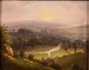 A View Of Exeter Look Looking South To Exmouth, Sheep And The River Exe In The Foreground The Cathedral The Quay Beyond