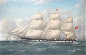 The Sailing Barque City Of Amoy, In The English Channel With The Needles In The Background by Frederick Tudgay