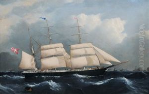 A Danish Barque Passing A Ligthhouse by Frederick Tudgay