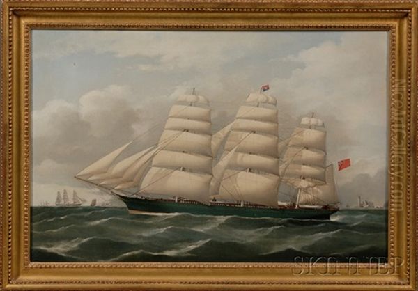 Portrait Of The British Clipper Ship Miltiades With Distant Lighthouse And Vessels - view 1