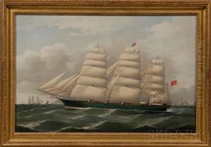 Portrait Of The British Clipper Ship Miltiades With Distant Lighthouse And Vessels