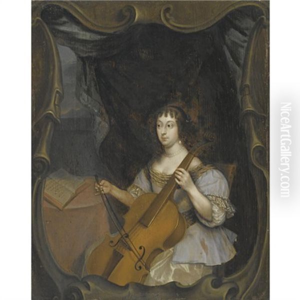 A Young Lady Wearing A White Satin Dress And Playing The Viol Da Gamba - view 1