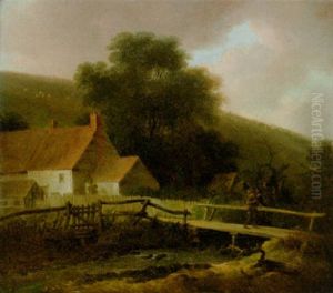 A Figure On A Bridge By A House A Figure On A Bridge By A House