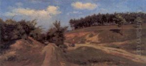 Frau Mit Einem Karren Auf Dem Weg Durch Eine Landschaft Mit Kiefernwald
