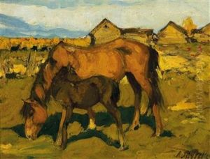 A Mare And Her Foal by Leonard (Leonid) Viktorovich Turzhansky