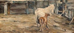 Schimmelstute Mit Fohlen Vor Dem Stall by Leonard (Leonid) Viktorovich Turzhansky