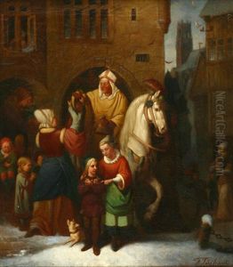 Der Heilige Nikolaus Zu Pferd Verteilt Seine Gaben In Einer Stadt (munster?) by Friedrich (Fritz) Tueshaus