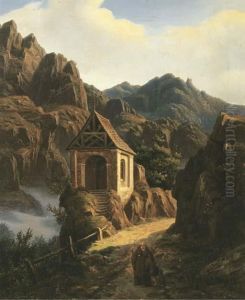 A Monk With A Child On A Mountainpass With A Chapel Beyond by Christian Breslauer