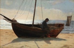 Fisher Boy In A Boat On The Beach by Laurits Regner Tuxen