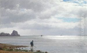 Man Collecting Mussels On A Beach In Brittany by Laurits Regner Tuxen