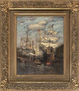 A Tug Passing Ships At Dock by James Gale Tyler