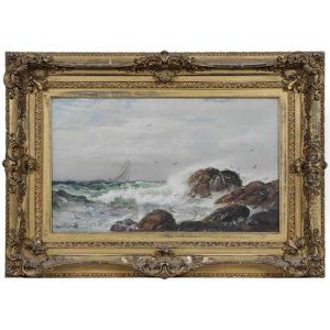 Rocky Coast With Distant Yacht by James Gale Tyler