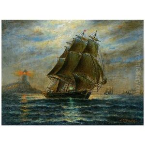 Three Mast Ship With Lighthouse At Night by James Gale Tyler