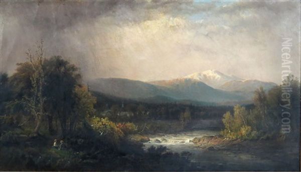 Landscape With Couple By A River, Distant Mountains - view 1