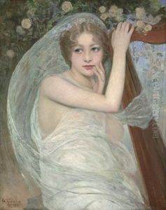 Das Erbluhen (madchen Mit Harfe Vor Einem Rosenbusch) by Georg Tyrahn