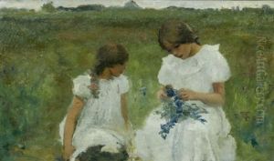 Zwei Madchen, Auf Einer Wiese Einen Blumenkranz Flechtend by Georg Tyrahn