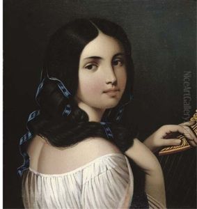 A Young Beauty At Her Harp
