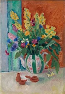 Still Life With Wildflowers In A Teapot And Clay Toys