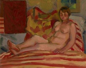 Nude On Striped Fabric by Nikolai Andreevich Tyrsa