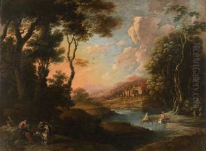 Paysage Au Soleil Couchant Avec Le Repos De La Sainte Famille