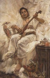 An Oriental Woman Playing The Mandolin