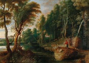 A Wooded Landscape With A Shepherd And His Flock At A Well