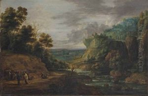 An Extensive Mountainous Landscape With A Fortune Teller And Other Figures On A River Bank