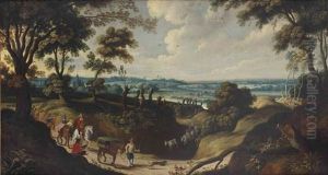 An Extensive Landscape With Travellers On A Sandy Path by Lucas Van Uden