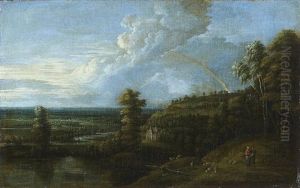 An Extensive Landscape With A Rainbow, A Shepherd And Shepherdess In The Foreground With Their Flock; And An Extensive River Landscape With Figures On A Country Path, A Church In The Distance (a Pair) by Lucas Van Uden