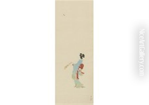 Japanese Woman Playing Battledore And Shuttlecock - view 1