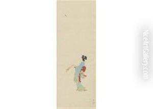 Japanese Woman Playing Battledore And Shuttlecock by Shoen Uemura
