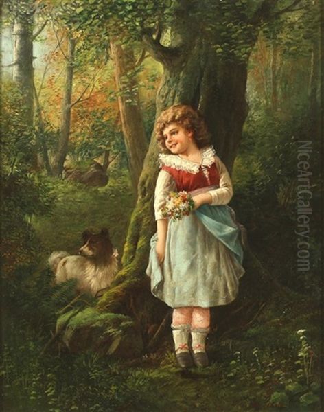 Little Girl Holding Flowers With A Dog In A Forest Interior - view 1