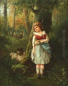 Little Girl Holding Flowers With A Dog In A Forest Interior by Fritz von Uhde