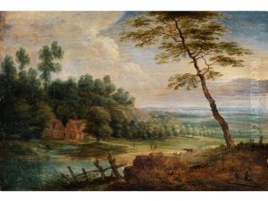 Hugelige Landschaft Mit Gehoften Zwischen Baumen Und Figurenstaffage by Lucas van Uhden